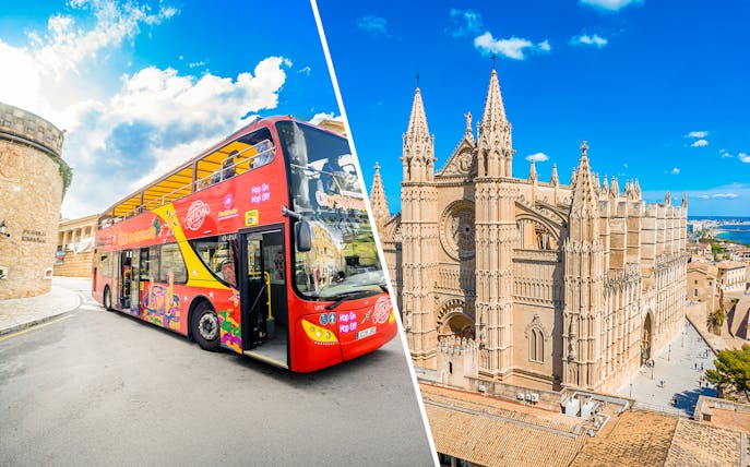 Hop-on hop-off bus near Palma Cathedral in Palma de Mallorca.