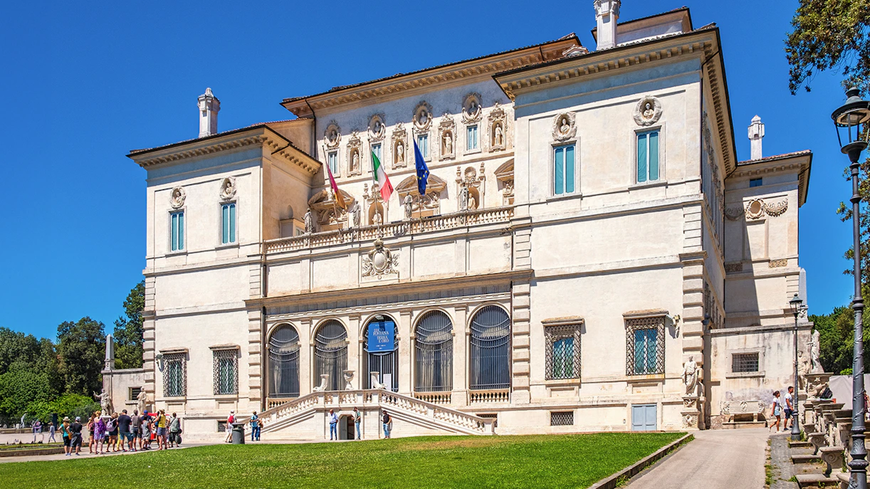 Borghese Gallery exterior with visitors in Rome, Italy.