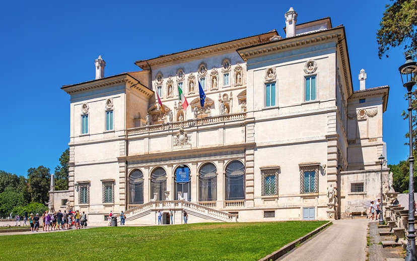 Borghese Gallery exterior with visitors in Rome, Italy.