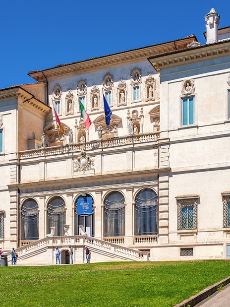 Borghese Gallery exterior with visitors in Rome, Italy.