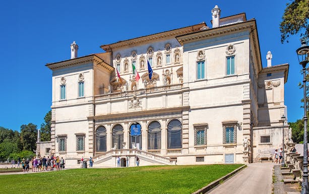 Borghese Gallery exterior with visitors in Rome, Italy.