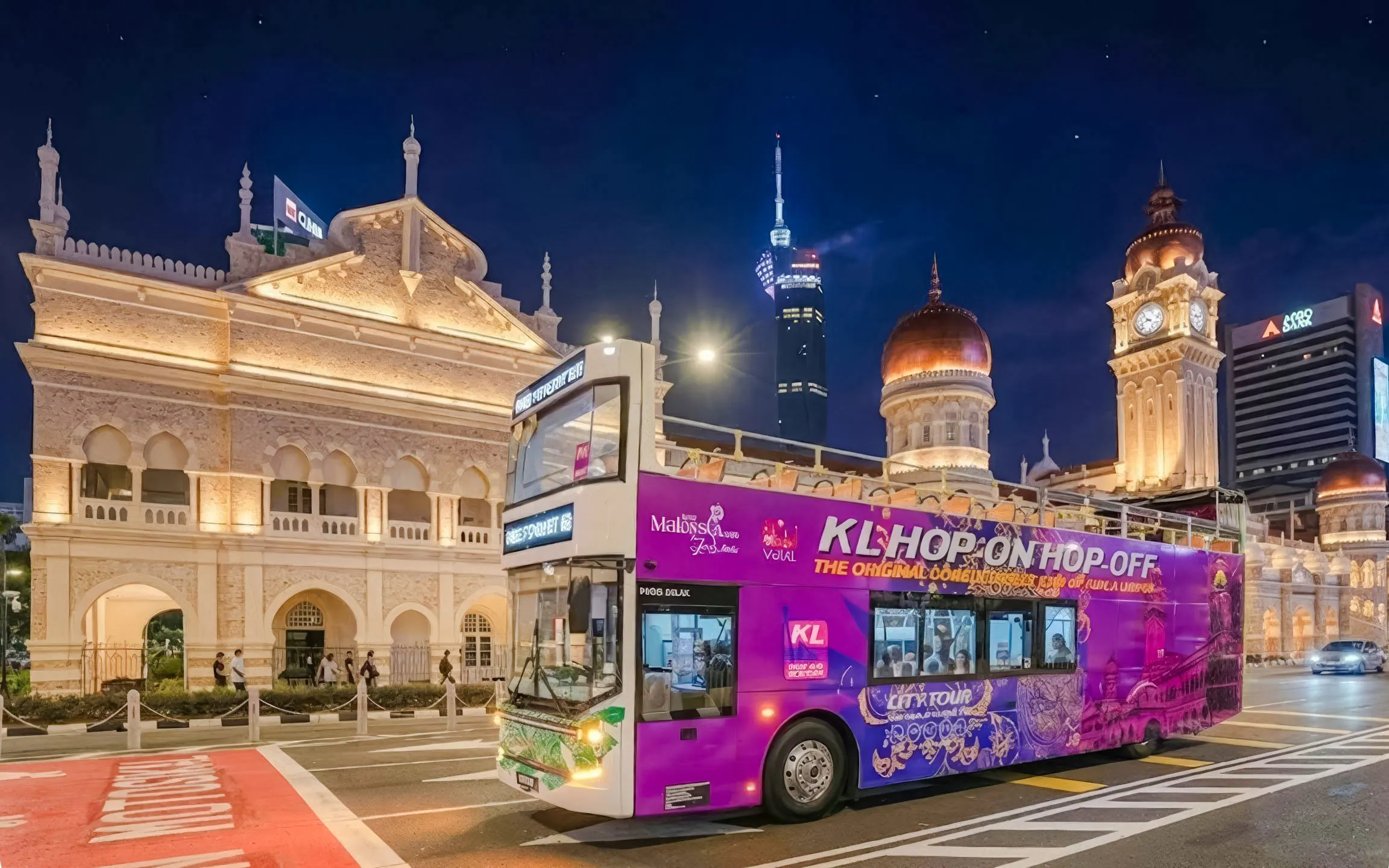 Kuala Lumpur night bus tour passing Sultan Abdul Samad Building.