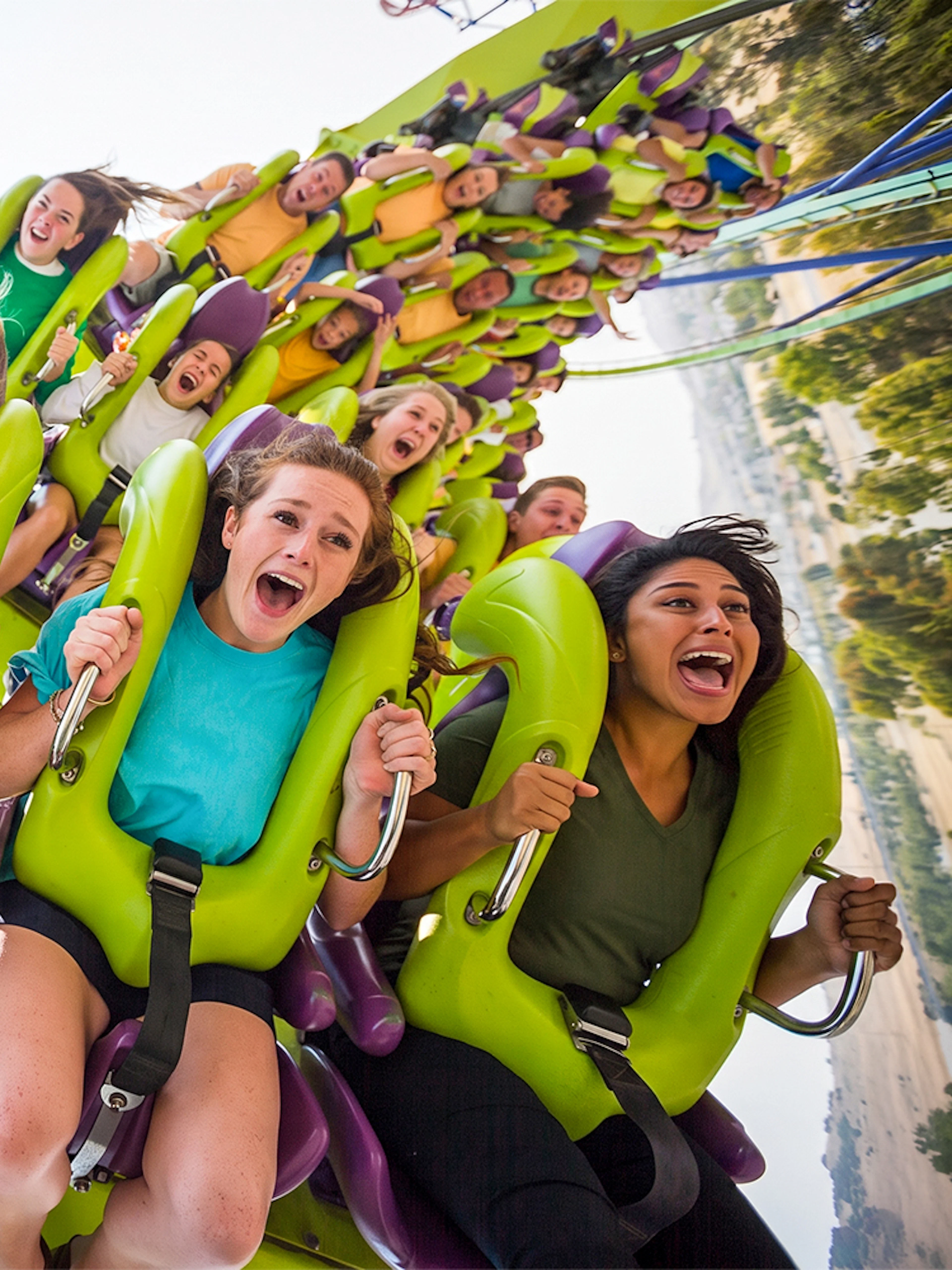 Riders on Medusa roller coaster at Six Flags Discovery Kingdom, California.