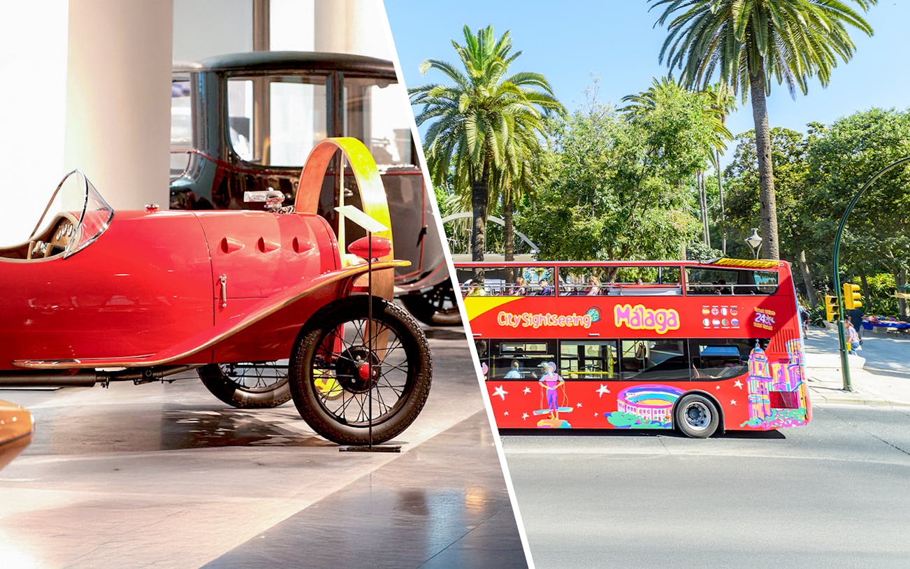 Malaga Automobile and Fashion Museum with City Sightseeing bus in front of palm trees.