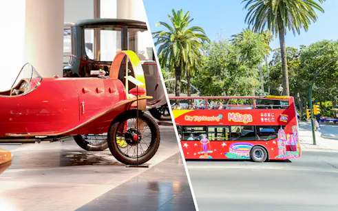 Malaga Automobile and Fashion Museum with City Sightseeing bus in front of palm trees.