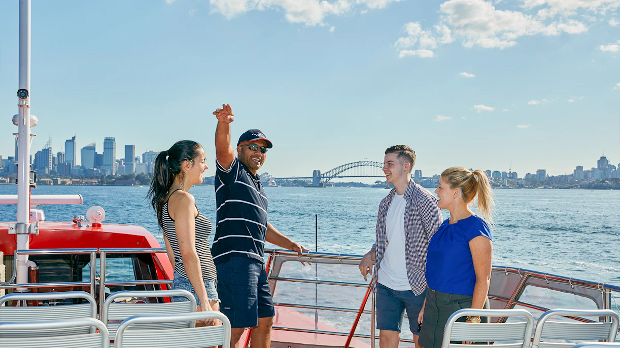 Couple on Captain Cook Sydney Harbour Hop-On-Hop-Off Cruise staff