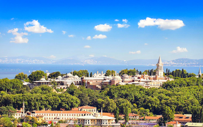 Aerial view of Topkapi Palace in Istanbul with the Bosphorus in the background.