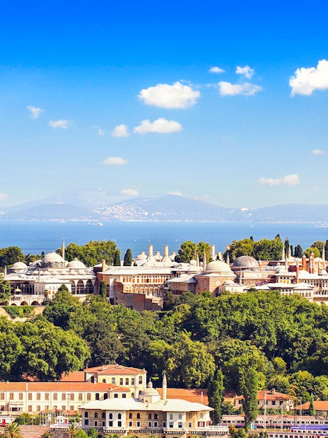 Aerial view of Topkapi Palace in Istanbul with the Bosphorus in the background.