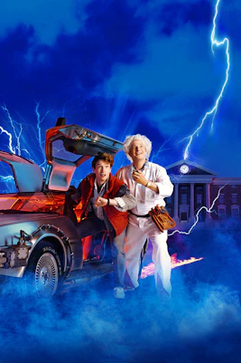 Back to the Future musical poster with DeLorean and characters in Hamburg