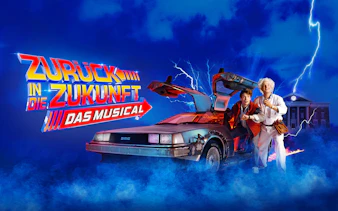 Back to the Future musical poster with DeLorean and characters in Hamburg