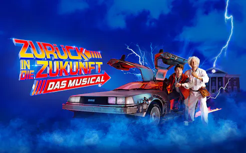 Back to the Future musical poster with DeLorean and characters in Hamburg