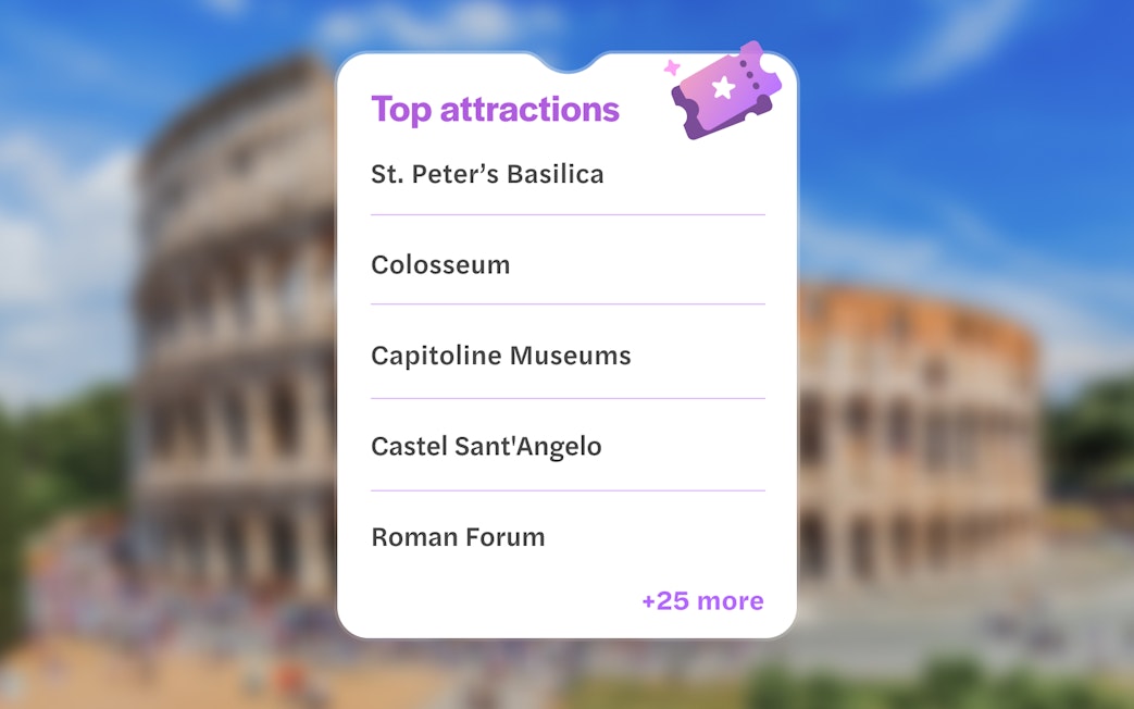 Roma Pass attractions list featuring St. Peter’s Basilica, Colosseum, and more.