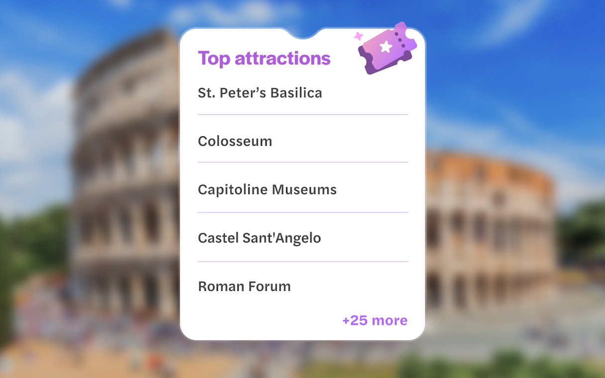Roma Pass attractions list featuring St. Peter’s Basilica, Colosseum, and more.
