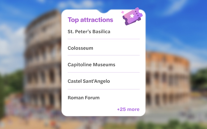Roma Pass attractions list featuring St. Peter’s Basilica, Colosseum, and more.