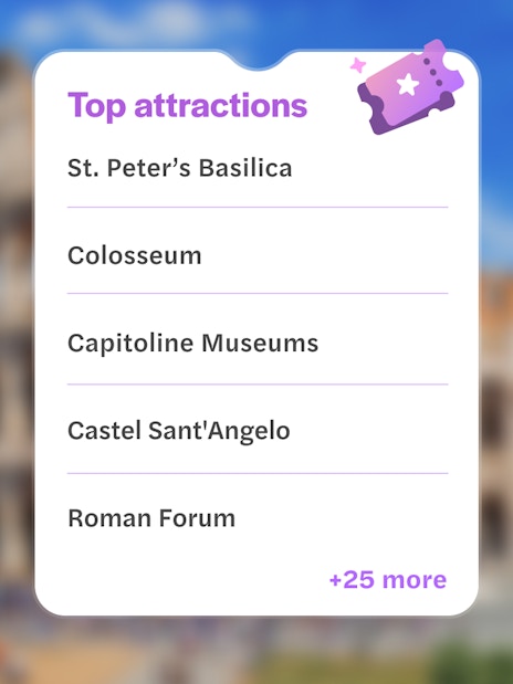 Roma Pass attractions list featuring St. Peter’s Basilica, Colosseum, and more.