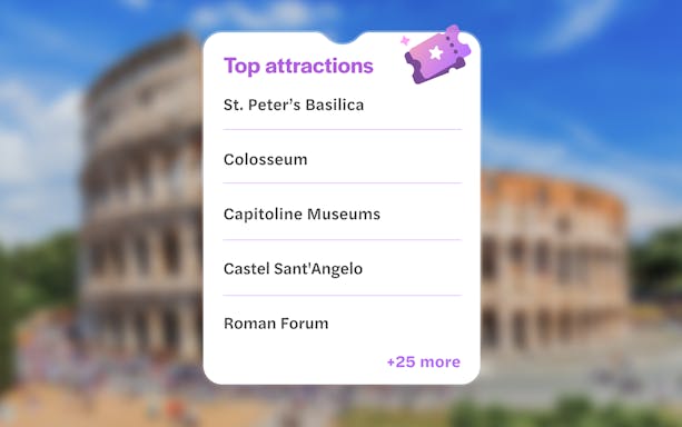 Roma Pass attractions list featuring St. Peter’s Basilica, Colosseum, and more.