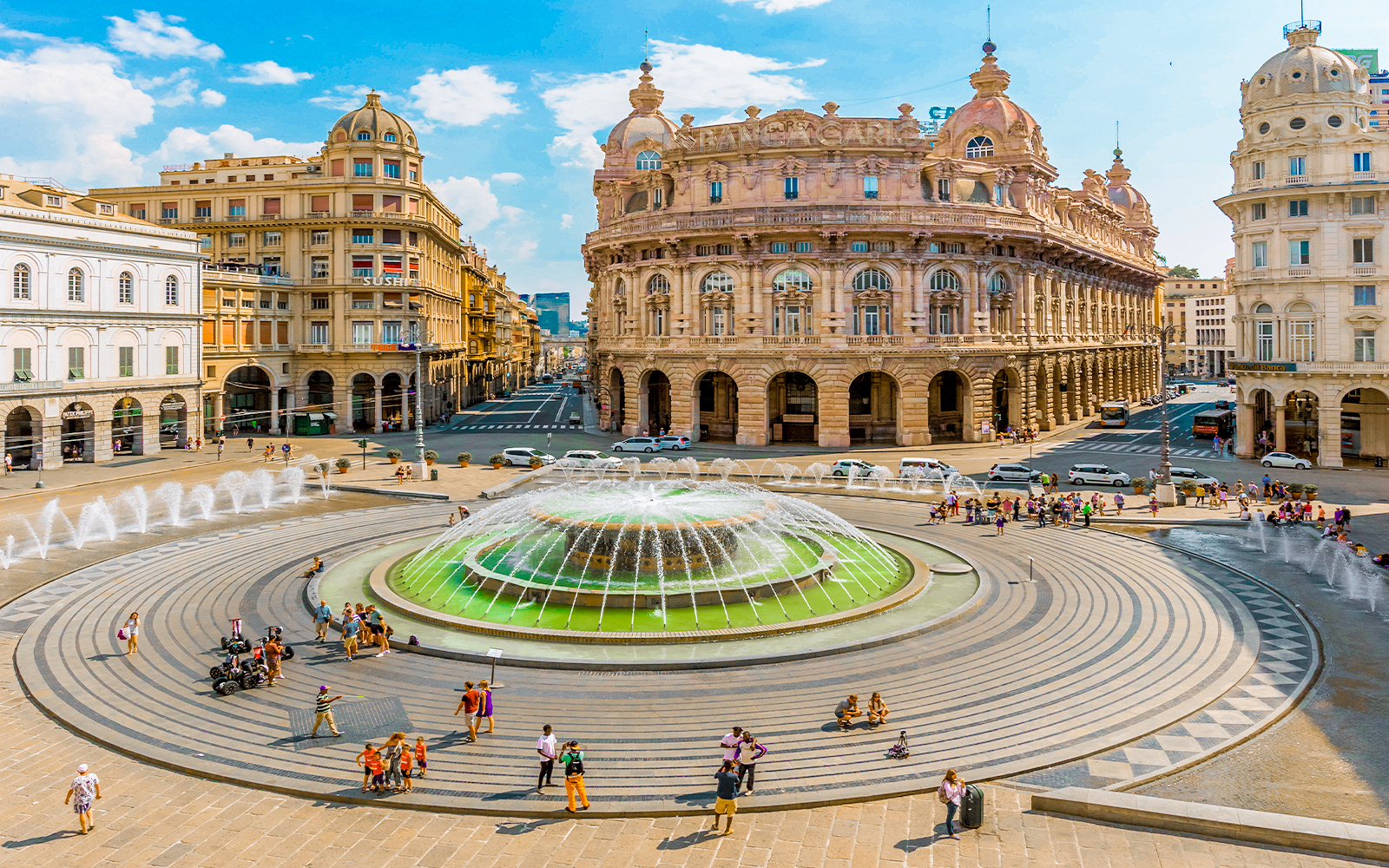 Genoa cityscape with historic buildings and bustling streets in Genoa center, Italy.