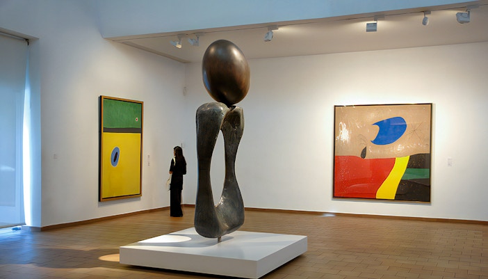Visitor observing artworks at Joan Miró Foundation, Barcelona.