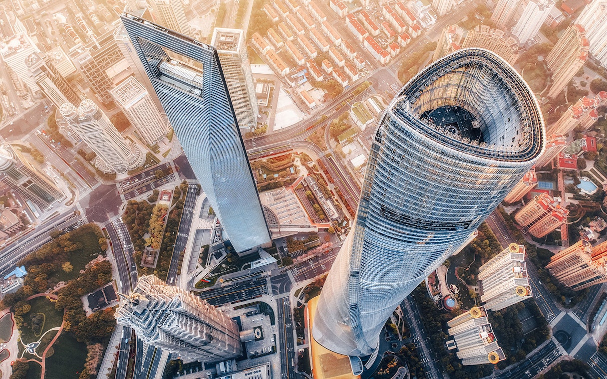 Aerial view of Shanghai Tower and nearby skyscrapers in Lujiazui, Shanghai.