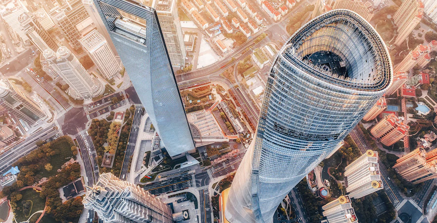 Aerial view of Shanghai Tower and nearby skyscrapers in Lujiazui, Shanghai.
