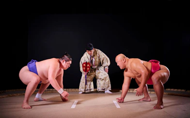 Sumo wrestlers face off in a traditional match at Hirakuza Ginza, Tokyo.