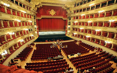 La Scala theater interior with red seats and ornate balconies, Milan.