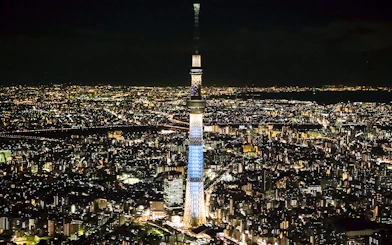 Tokyo Skytree illuminated at night with city lights in the background.