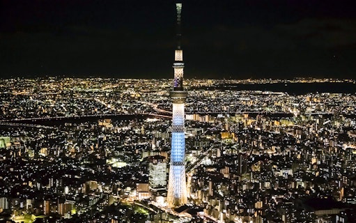 Tokyo Skytree illuminated at night with city lights in the background.