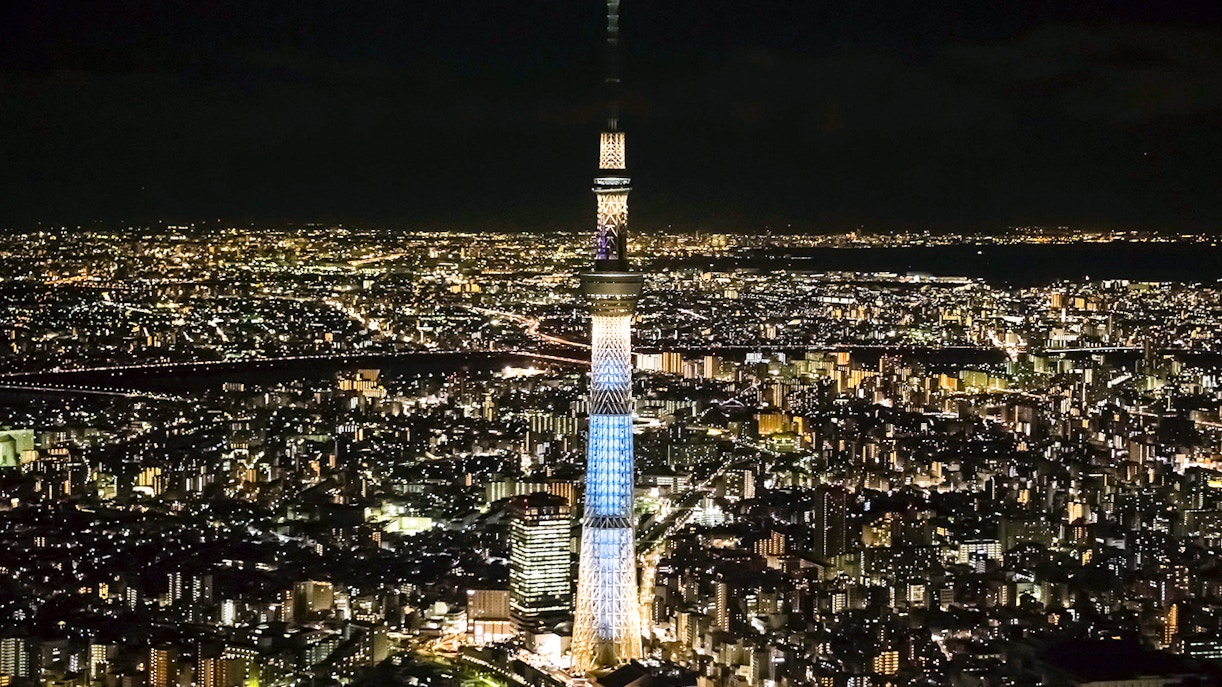 Tokyo Skytree illuminated at night with city lights in the background.