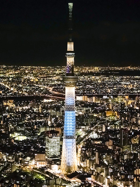 Tokyo Skytree illuminated at night with city lights in the background.