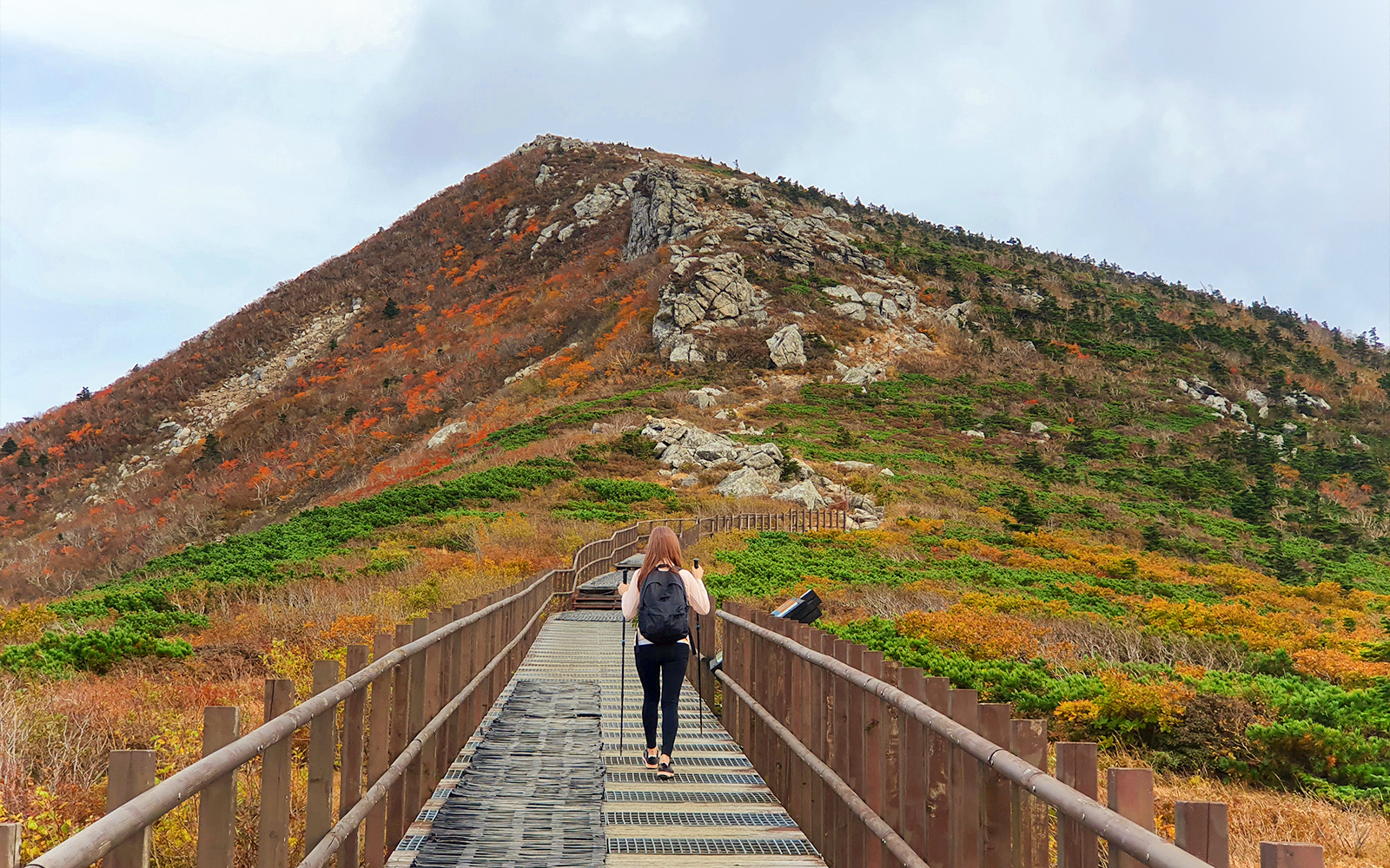 Hiker on a wooden path leading to Daecheongbong Peak, Seorak Mountain, South Korea.