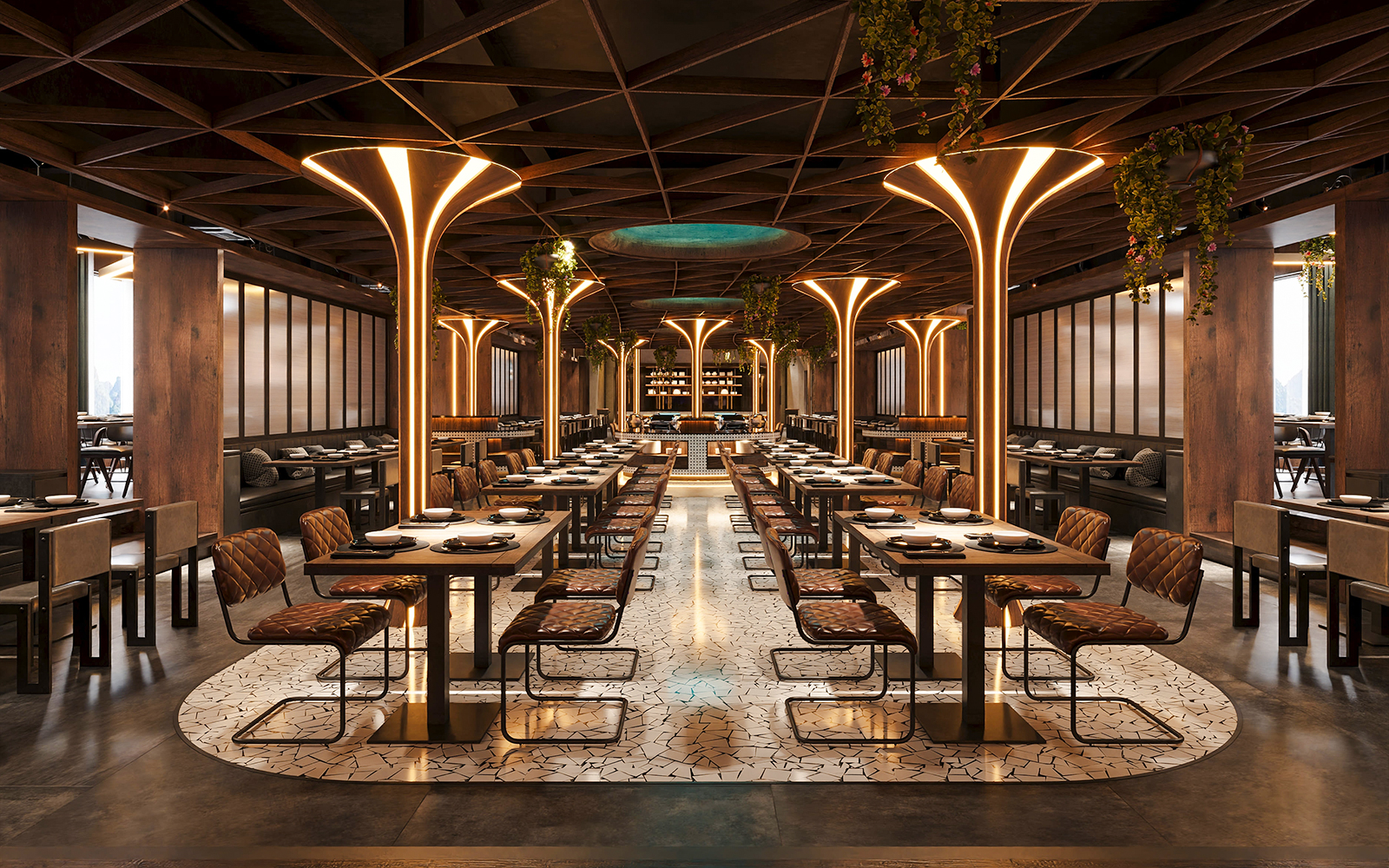Upscale restaurant with tables set for dining and illuminated columns.
