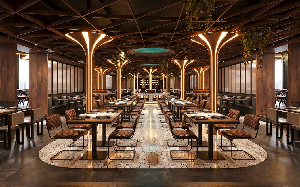 Upscale restaurant with tables set for dining and illuminated columns.