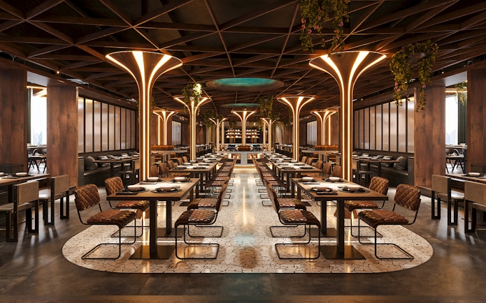 Upscale restaurant with tables set for dining and illuminated columns.