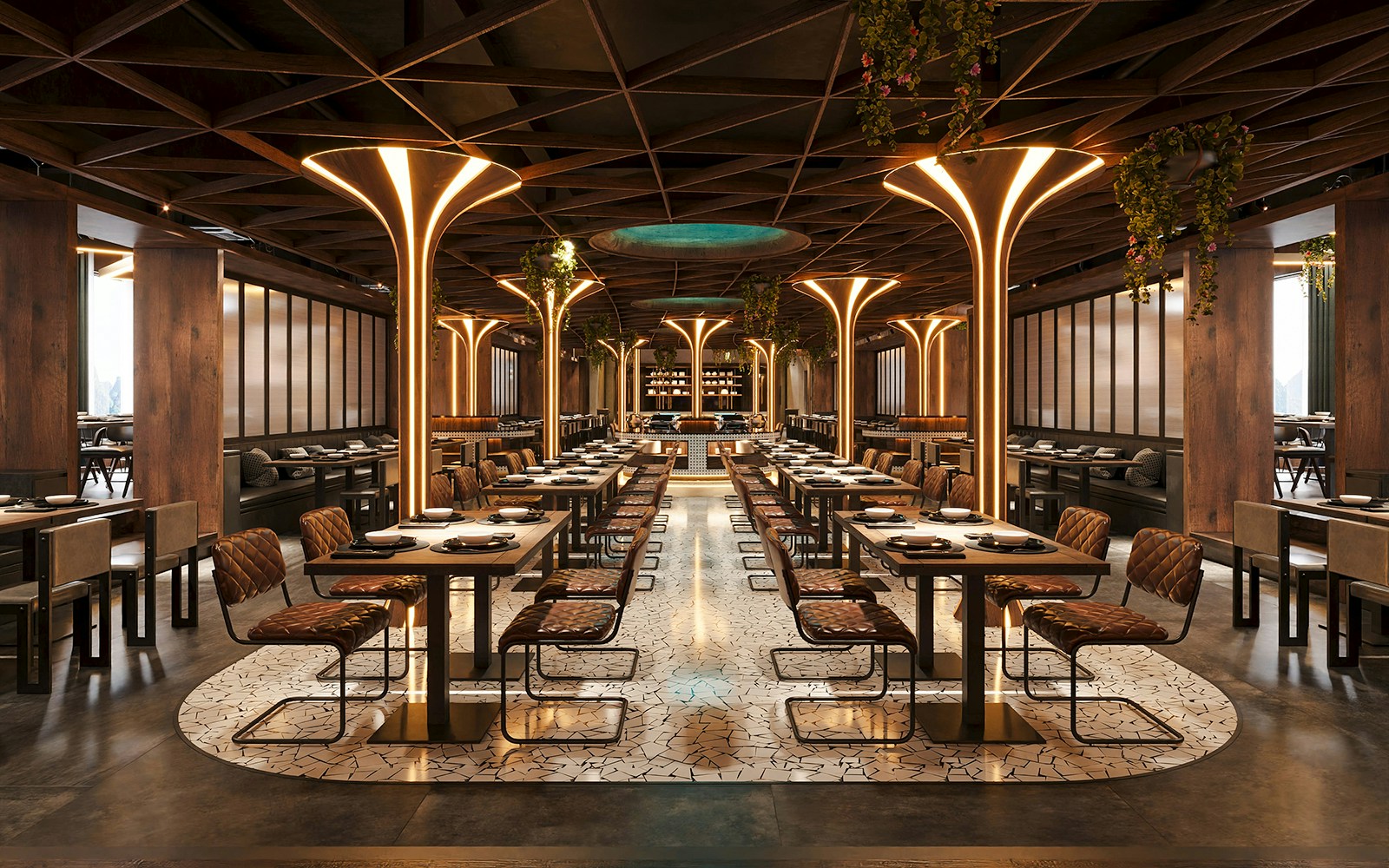 Upscale restaurant with tables set for dining and illuminated columns.