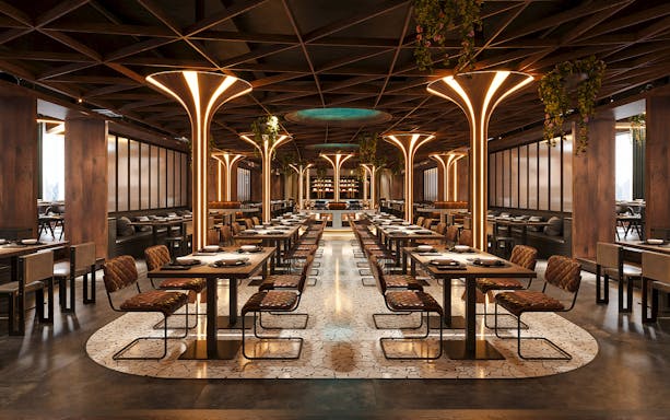 Upscale restaurant with tables set for dining and illuminated columns.