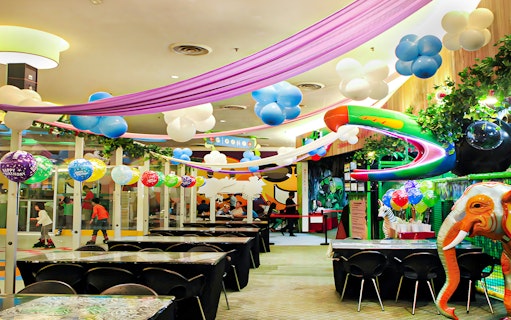 Jungle Gym play area with colorful balloons and slides at KL East Mall, Malaysia.
