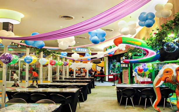 Jungle Gym play area with colorful balloons and slides at KL East Mall, Malaysia.