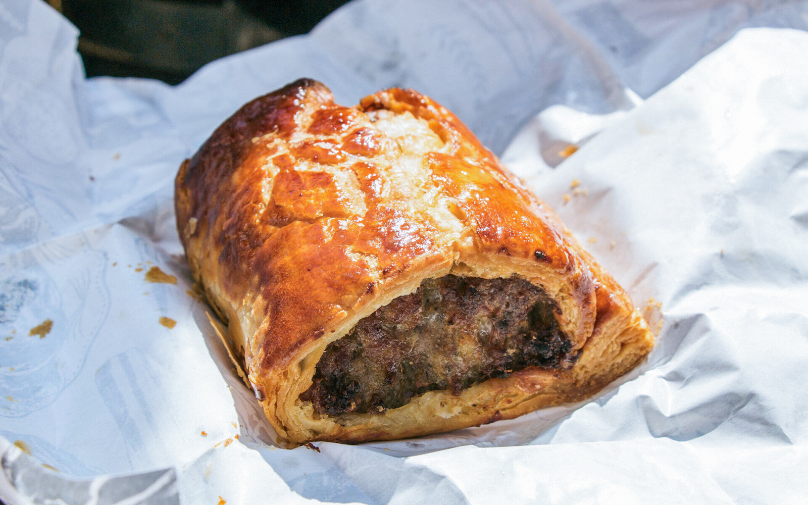 Sausage roll from Borough Market on Eating London food tour.