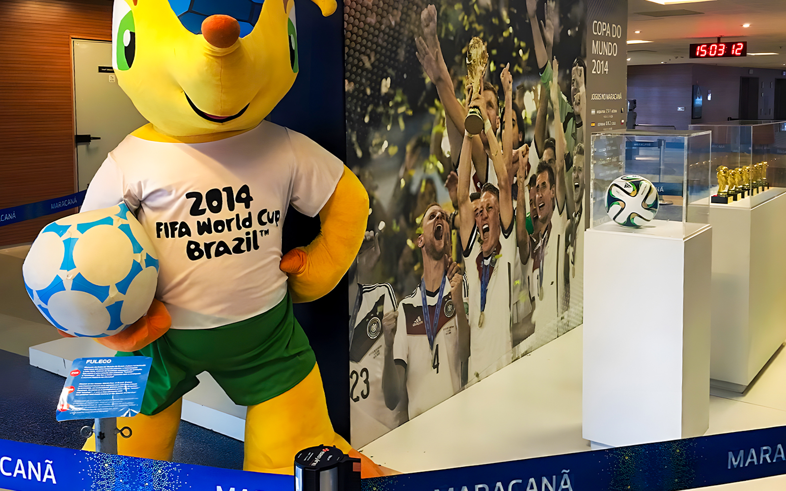 Mascot and 2014 World Cup display at Maracanã Stadium museum, Brazil.