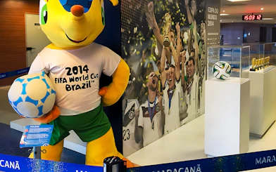 Mascot and 2014 World Cup display at Maracanã Stadium museum, Brazil.
