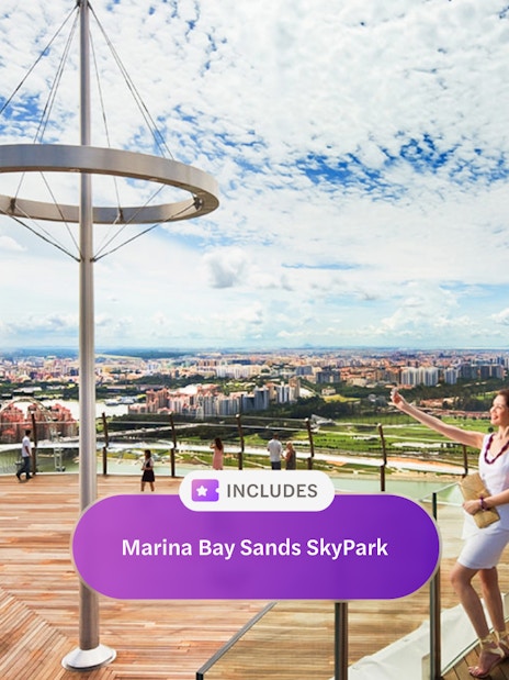Visitors on Marina Bay Sands SkyPark Observation Deck, overlooking Singapore cityscape.