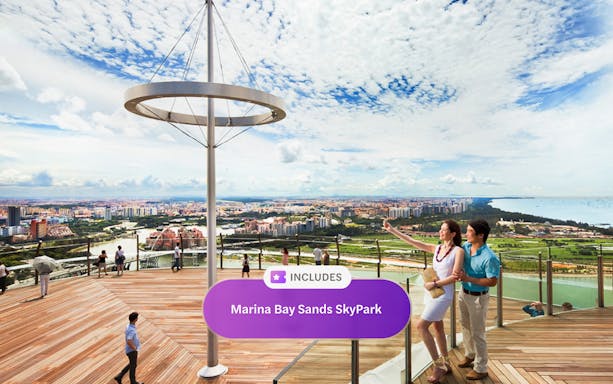 Visitors on Marina Bay Sands SkyPark Observation Deck, overlooking Singapore cityscape.