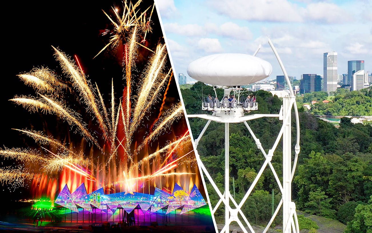 Fireworks display at Wings of Time light show, Sentosa Island, Singapore.