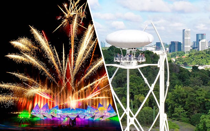 Fireworks display at Wings of Time light show, Sentosa Island, Singapore.