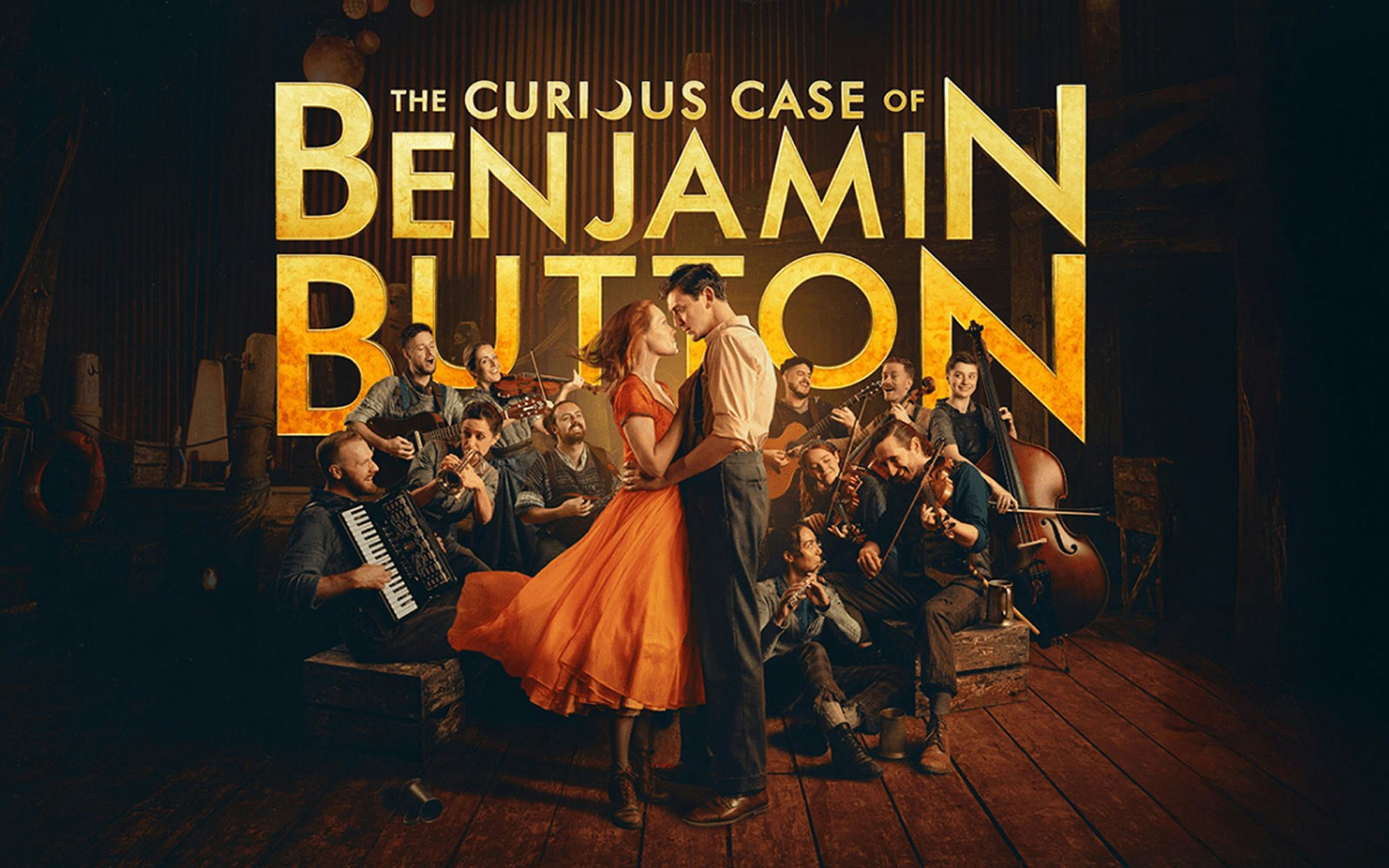 Musicians and dancers performing in "The Curious Case of Benjamin Button - The Musical" scene.
