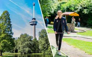 Euromast tower and person playing mini-golf at Midgetgolf Parkhaven, Rotterdam.