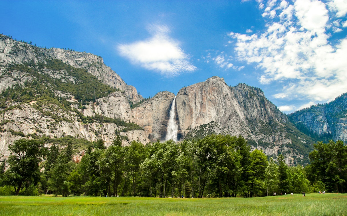 Yosemite Falls viewed from Yosemite Valley Meadows, California.