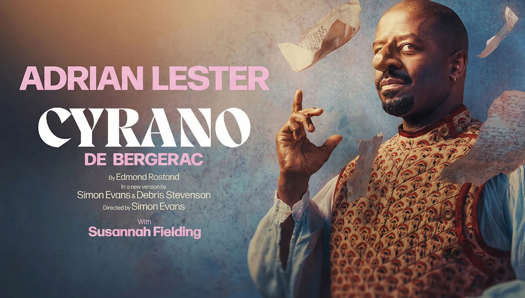 Cyrano de Bergerac West End show poster with actor gesturing amidst flying letters.