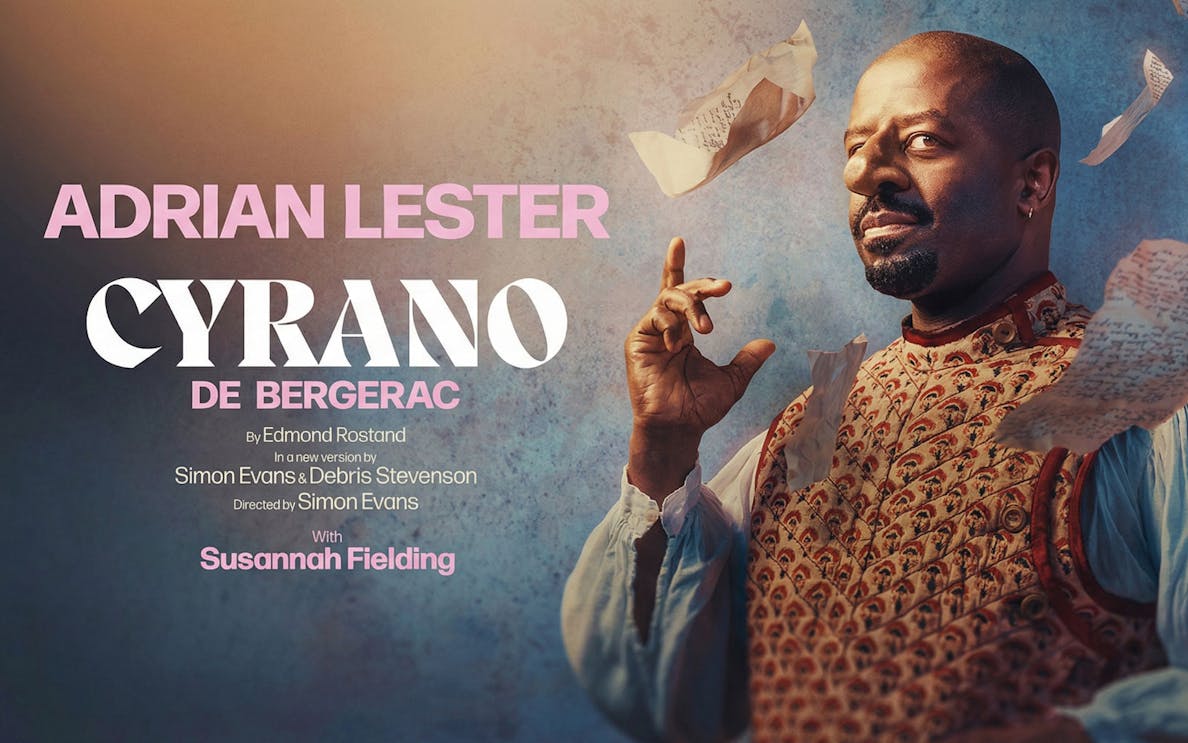 Cyrano de Bergerac West End show poster with actor gesturing amidst flying letters.